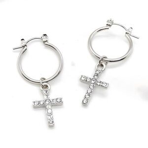 Silver Cross Hoops – Minimalist Rhinestone Earrings, Dainty Christian Jewelry